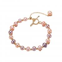 Cultured Freshwater Pearl Brass Bracelet, with Brass, with 4cm extender chain, 14K gold plated, Natural & fashion jewelry & for woman, multi-colored, 5-6mm cm 