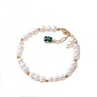 bracelet en laiton de perle d'eau douce cultivée, avec 3cm chaînes de rallonge, Plaqué d'or 14K, Naturel & bijoux de mode & pour femme & avec zircone cubique, deux couleurs différentes, 6mm cm, Vendu par brin