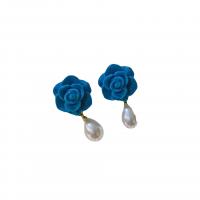 Resin Drop Earring, with Plastic Pearl, Rose, fashion jewelry & for woman & with velveteen covered, Peacock Blue, 15mm 