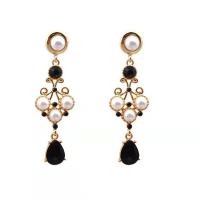 Zinc Alloy Rhinestone Hoop Earring, with Plastic Pearl, Teardrop, gold color plated, fashion jewelry & high quality plated & for woman & with rhinestone, white and black, 68mm 