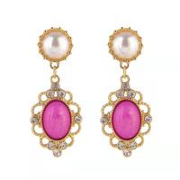 Zinc Alloy Rhinestone Drop Earring, with Plastic Pearl, Teardrop, gold color plated, fashion jewelry & high quality plated & for woman & with rhinestone, purple, 45mm 