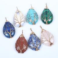 Gemstone Brass Pendants, Natural Stone, with Brass, Tree, gold color plated & Unisex 