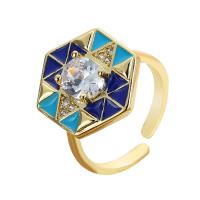 Cubic Zircon Brass Finger Ring, with Cubic Zirconia, Hexagon, gold color plated, Adjustable & for woman & enamel Inner Approx 22mm 