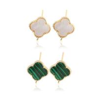 Brass Earring Drop Component, with Malachite & White Shell, Four Leaf Clover, 14K gold plated, DIY 