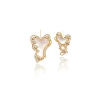 Brass Earring Drop Component, with White Shell, 14K gold plated, DIY & micro pave cubic zirconia, white  