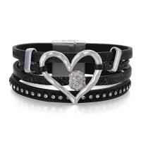 PU Leather Cord Bracelets, with Zinc Alloy, silver color plated, multilayer & with magnetic & for woman & with rhinestone .28 Inch 