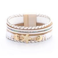 PU Leather Cord Bracelets, with Zinc Alloy, gold color plated, multilayer & with magnetic & for woman & with rhinestone, white .56 Inch 