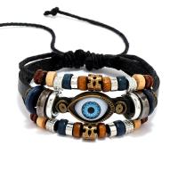 PU Leather Cord Bracelets, with Wood & Zinc Alloy, plated, multilayer & folk style & Unisex & adjustable .1 Inch 