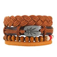 PU Leather Cord Bracelets, with Wood & Zinc Alloy, gun black plated, 4 pieces & Unisex .1 Inch 