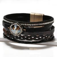 PU Leather Cord Bracelets, with Crystal & Zinc Alloy, gold color plated, multilayer & with magnetic & for woman & with rhinestone .87 Inch 