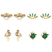 Cubic Zirconia Micro Pave Brass Earring, with Plastic Pearl, 18K gold plated & micro pave cubic zirconia & for woman, mixed colors 