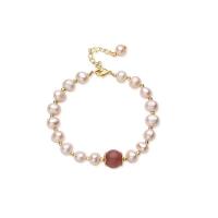 Cultured Freshwater Pearl Brass Bracelet, with Freshwater Pearl & Strawberry Quartz, with 1.97inch extender chain, fashion jewelry & for woman, golden Approx 6.69 Inch 