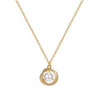 Titanium Steel Jewelry Necklace, with Plastic Pearl, with 5cm extender chain, Round, Vacuum Ion Plating, fashion jewelry & adjustable & micro pave cubic zirconia & for woman, golden Approx 38.4 cm 