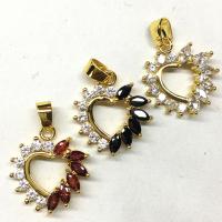 Rhinestone Brass Pendants, Heart, gold color plated, with rhinestone & hollow 