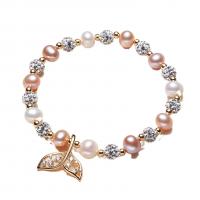 Cultured Freshwater Pearl Brass Bracelet, with Brass, 14K gold plated, Natural & fashion jewelry & micro pave cubic zirconia & for woman, multi-colored, 6-7mm cm 