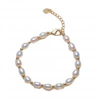 Cultured Freshwater Pearl Brass Bracelet, with Brass, with 4cm extender chain, 14K gold plated, Natural & Adjustable & fashion jewelry & for woman 5-6mm cm 