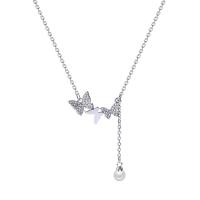 Titanium Steel Jewelry Necklace, with ABS Plastic Pearl, with 5cm extender chain, Butterfly, platinum plated, fashion jewelry & micro pave cubic zirconia & for woman, silver color, 30mm .6 cm 