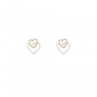 Plastic Pearl Zinc Alloy Earring, with ABS Plastic Pearl, Heart, high quality plated, fashion jewelry & for woman & with rhinestone, golden 