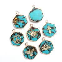 Impression Jasper Pendants, with Brass, Hexagon, gold color plated, Unisex blue 