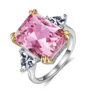 Кубическое цирконовое латунное кольцо, Латунь, Прямоугольная форма, плакирован золотом, разный размер для выбора & Женский & с кубическим цирконием, розовый, продается PC