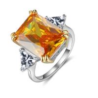 Cubic Zircon Brass Finger Ring, Rectangle, gold color plated & for woman & with cubic zirconia, yellow 