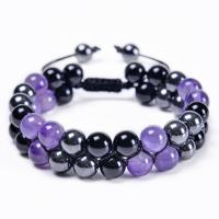 Gemstone Hematite Bracelets, Black Agate, with Hematite & Amethyst, Round, fashion jewelry & adjustable purple .8 Inch 