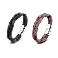 PU Leather Bracelet, with Titanium Steel & Linen, polished, Double Layer & fashion jewelry & for man 