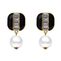 Plastic Pearl Zinc Alloy Earring, with Plastic Pearl, Square, gold color plated, fashion jewelry & for woman & enamel & with rhinestone, black 
