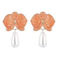 Plastic Pearl Zinc Alloy Earring, with Plastic Pearl, Flower, gold color plated, fashion jewelry & for woman & enamel 