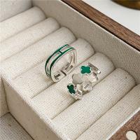 925 Sterling Silver Cuff Finger Ring, polished, Adjustable & for woman & enamel, green 