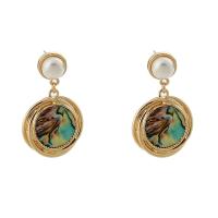 Abalone Shell Earring, Zinc Alloy, with Abalone Shell & Plastic Pearl, Flat Round, KC gold color plated, fashion jewelry & for woman, golden 