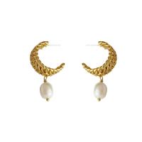 Freshwater Pearl Drop Earring, Brass, with Freshwater Pearl, Letter C, 18K gold plated, fashion jewelry & for woman & hollow, golden, 40mm 