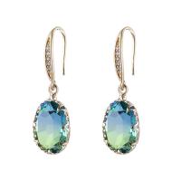 Cubic Zircon (CZ) Drop Earring, Brass, with Cubic Zirconia, Oval, gold color plated, for woman & faceted, dark green 