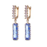 Cubic Zircon (CZ) Drop Earring, Brass, with Cubic Zirconia, Rectangle, gold color plated, for woman & faceted, blue 