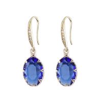 Cubic Zircon (CZ) Drop Earring, Brass, with Cubic Zirconia, Oval, gold color plated, for woman & faceted, blue 