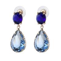 Cubic Zircon (CZ) Drop Earring, Brass, with Cubic Zirconia, Teardrop, gold color plated, for woman & faceted, blue 