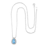 Brass Cubic Zirconia Necklace, with 2 extender chain, Teardrop, silver color plated, for woman & with cubic zirconia, blue .7 Inch 
