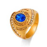 Rhinestone Stainless Steel Finger Ring, 304 Stainless Steel, with Sapphire & for man & with rhinestone, golden 