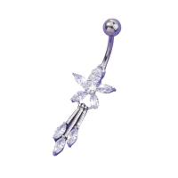 Stainless Steel Belly Ring, 304 Stainless Steel, with Brass, Flower, platinum color plated, fashion jewelry & micro pave cubic zirconia & for woman, platinum color 