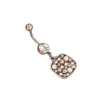 Stainless Steel Belly Ring, 304 Stainless Steel, with Plastic Pearl, Square, fashion jewelry & for woman & with rhinestone, platinum color 