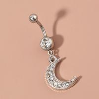 Stainless Steel Belly Ring, 304 Stainless Steel, Moon, fashion jewelry & for woman & with rhinestone, platinum color 