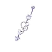 Stainless Steel Belly Ring, 304 Stainless Steel, with Brass, Heart, platinum color plated, fashion jewelry & micro pave cubic zirconia & for woman, platinum color 
