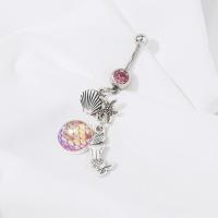 Stainless Steel Belly Ring, 304 Stainless Steel, with Zinc Alloy, Mermaid, platinum color plated, fashion jewelry & micro pave cubic zirconia & for woman, pink 
