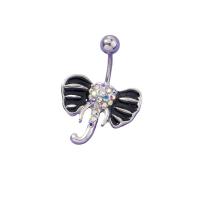 Stainless Steel Belly Ring, 304 Stainless Steel, with Zinc Alloy, Elephant, platinum color plated, fashion jewelry & micro pave cubic zirconia & for woman & enamel, black 