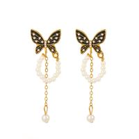 Plastic Pearl Zinc Alloy Earring, with ABS Plastic Pearl, Butterfly, gold color plated, fashion jewelry & for woman & enamel, two different colored, 55mm 