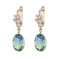 Cubic Zircon (CZ) Drop Earring, Brass, with Cubic Zirconia, Oval, gold color plated, for woman & faceted, green 