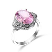 Кубическое цирконовое латунное кольцо, Латунь, с кубический цирконий, Овальная форма, покрытый платиной, разный размер для выбора & Женский & граненый, розовый, продается PC