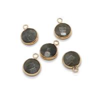 Labradorite Pendants, with Brass, Flat Round, gold color plated, Unisex & faceted, grey 
