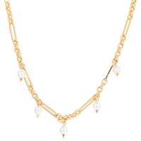 Glass Pearl Brass Chain Necklace, with Glass Pearl, with 2.95 extender chain, gold color plated, for woman, golden .93 Inch 