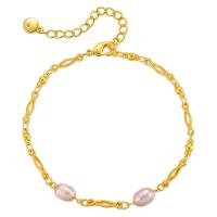 bracelet en laiton de perle d'eau douce cultivée, avec perle d'eau douce cultivée, avec 2.36inch chaînes de rallonge, Plaqué or 18K, bijoux de mode & pour femme, doré Environ 6.49 pouce, Vendu par PC